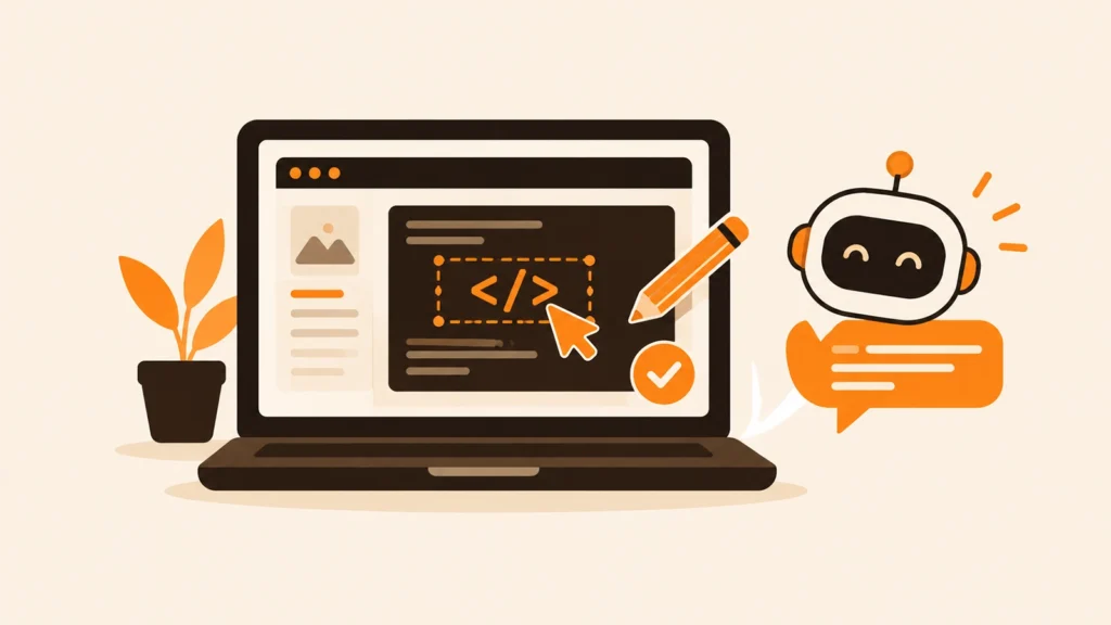 A laptop showing an HTML page being edited, with an AI assistant next to it