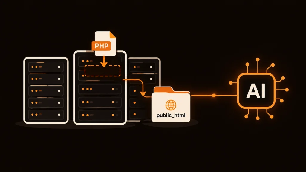 A PHP file being uploaded to public_html on shared hosting servers and connected to an AI chip