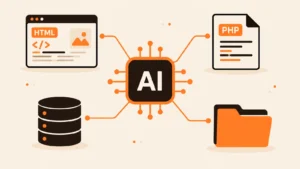 An AI chip connected to an HTML page, a PHP file, a database and a folder