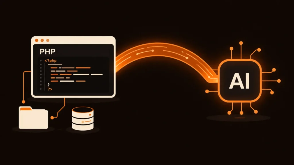 A PHP code window connected by an orange bridge to an AI chip, showing Claude AI linked to a custom PHP website